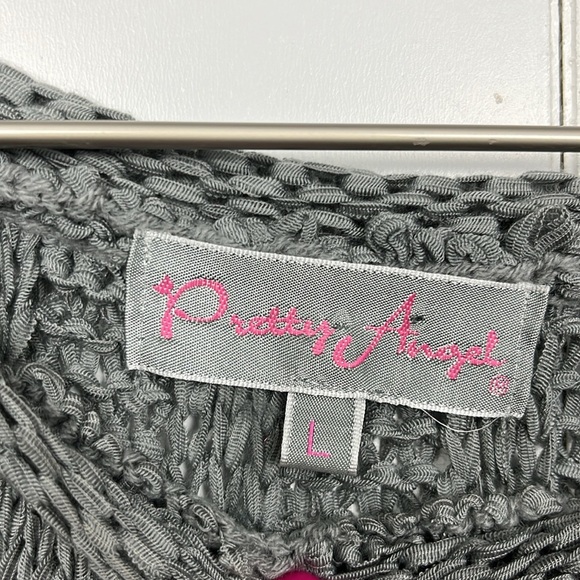 Pretty Angel Womens Open Crochet Tunic L Gray Pullover 3/4 Bell Sleeves Unique - Picture 2 of 12
